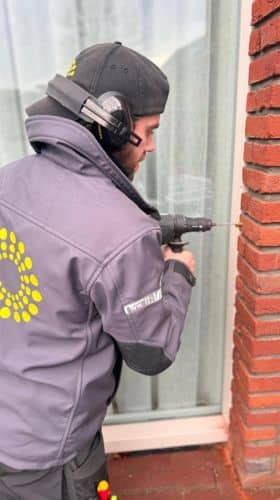 Op de afbeelding boort Ruud de Boer gaten in de gevel om de somfy rolluiken geleiders te plaatsen