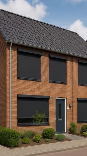 Deze afbeelding is een impressie van hoe een moderne rijtjeswoning in Mierlo eruit zou kunnen zien met screens zonwering.