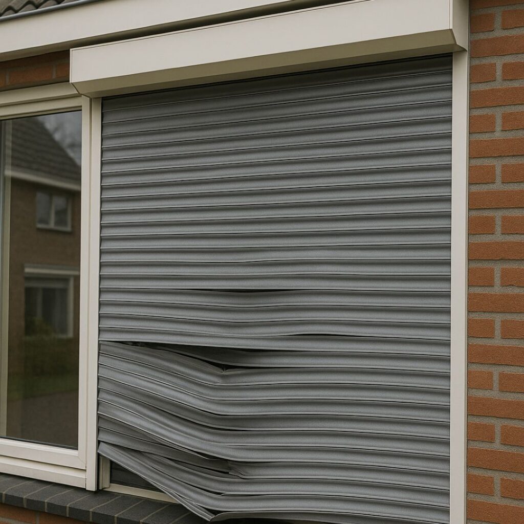 op de afbeelding is een rolluik te zien dat kapot is gewaaid door een storm.