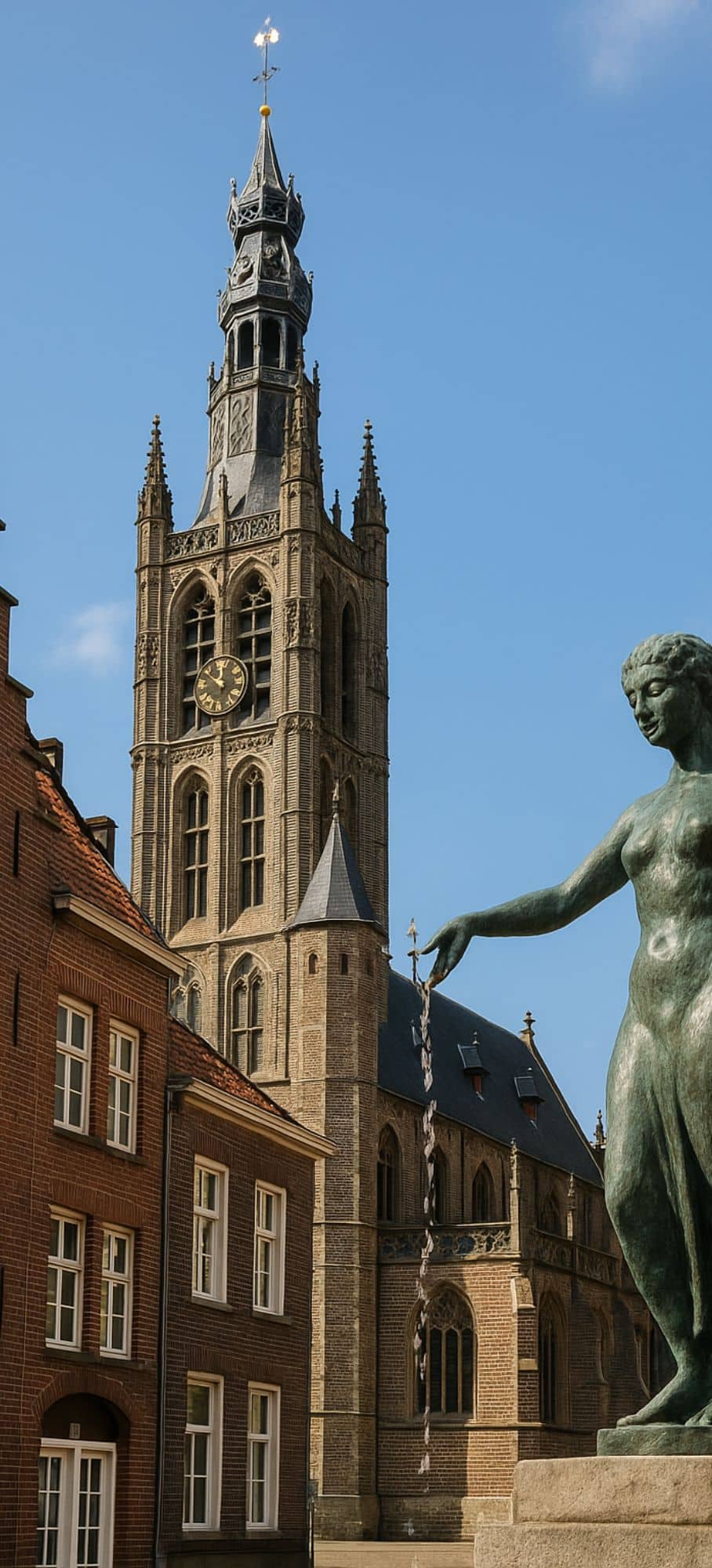 op de foto staat een ai sfeerimpressie van een straatbeeld in venlo met een kerk op de achtergrond en een beeld op de voorgrond